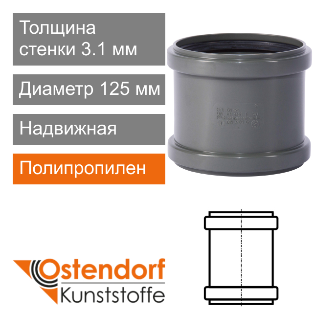 Муфта надвижная для внутренней канализации 125 мм Ostendorf HT (арт. 116500)