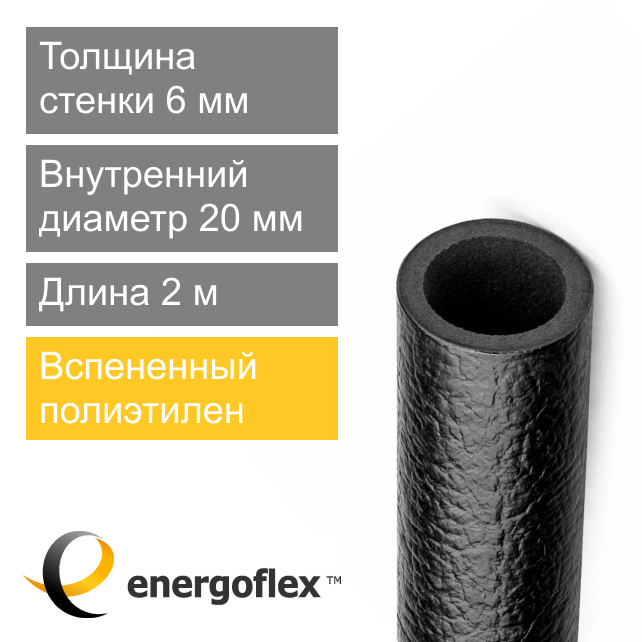 Утеплитель чёрный для труб 20 х 6 мм Energoflex Super Protect Black (арт. EFXT020062SUPRBK-320)