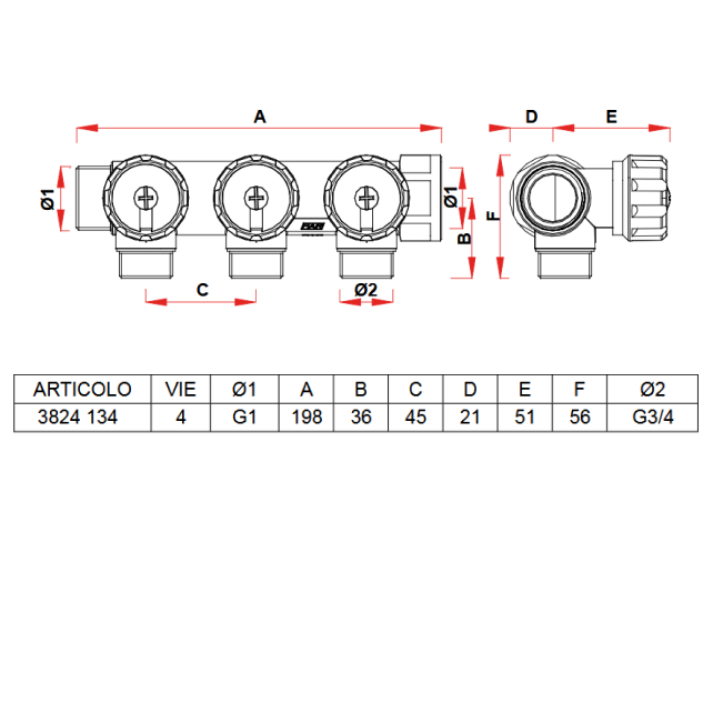 Регулирующий коллектор FAR 1" (ВР-НР) с 4 отв. 3/4" НР (арт. FK 3824 134)