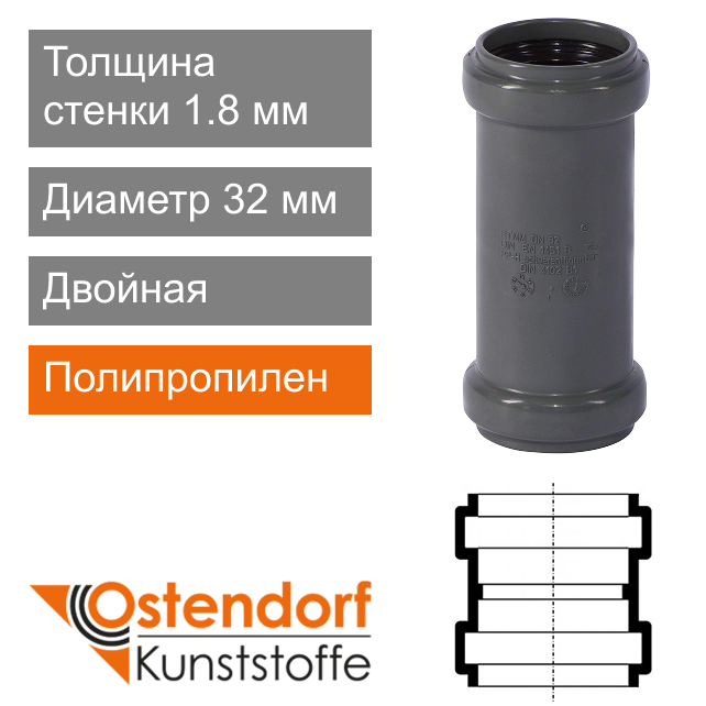 Муфта двойная для внутренней канализации 32 мм Ostendorf HT (арт. 110510)