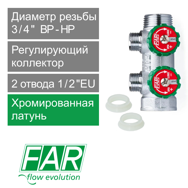 Коллектор регулирующий FAR 3/4" (ВР-НР) с 2 отв. 1/2"EU с вставкой под плоское уплотнение (арт. FK 3821 3412UN)